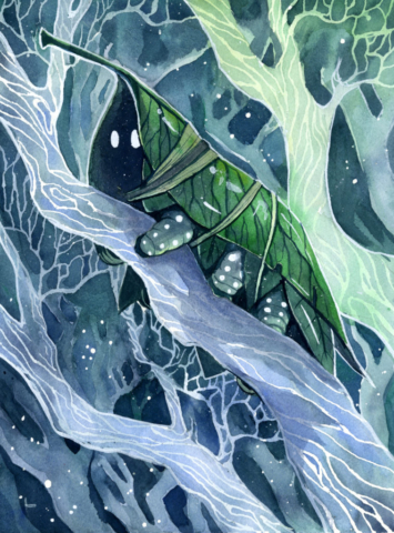 Watercolor illustration of a bug wrapped in leaves, climbing through a magical forest