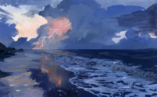 Gouache landscape of a beach with thunderclouds