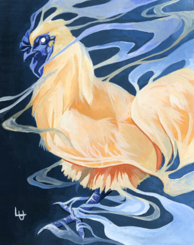 Surreal painting of a white chicken. Gouache on paper, 8x10 inches, Loral Uber