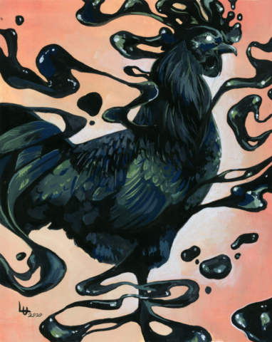 Surreal painting of a black chicken. Gouache on paper, 8x10 inches, Loral Uber