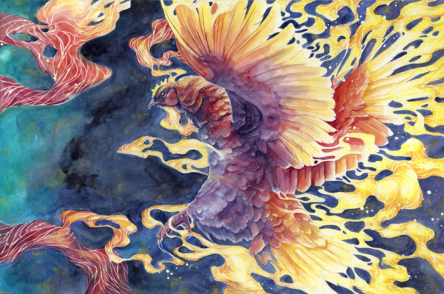 Watercolor painting of a phoenix like chicken