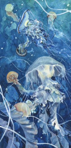 Watercolor painting of many jellyfish drifting underwater