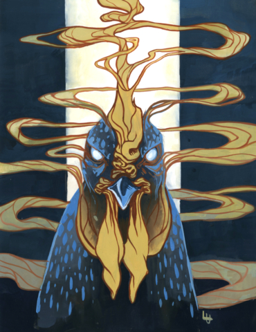 Gouache illustration of a surreal, demonic rooster