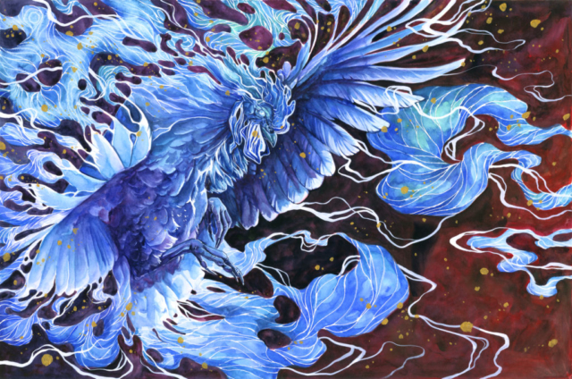 Watercolor painting of an electric blue rooster with streaks of lightning