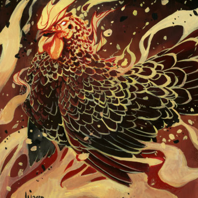 Gouache painting of a firey red chicken