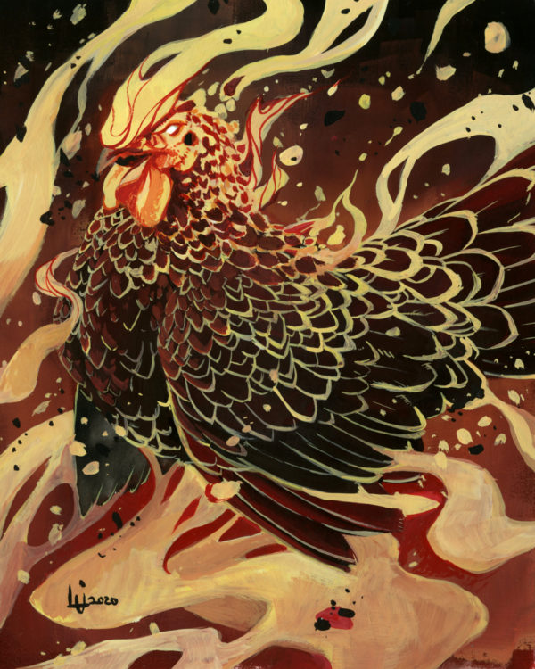 Gouache painting of a firey red chicken